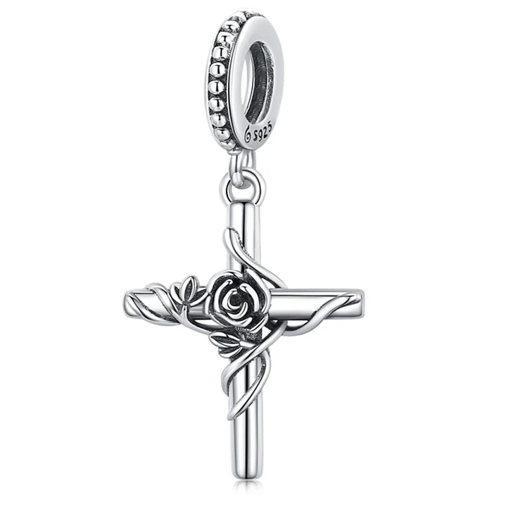 Charm Cruz Con Rosa en Plata 925 1
