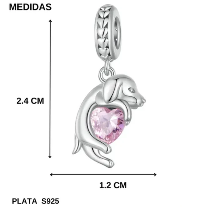 Charm Perrito sobre Corazón Rosa en Plata 925  3