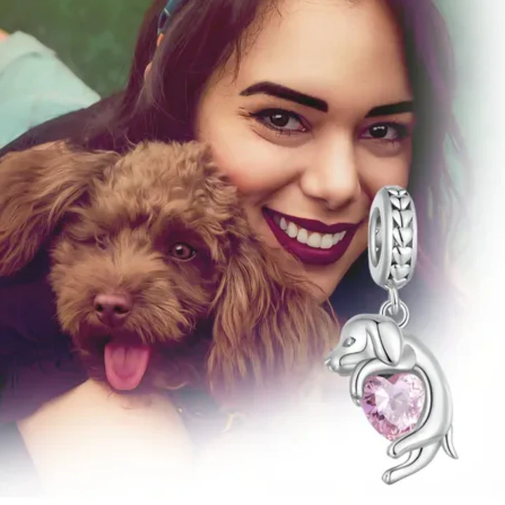 Charm Perrito sobre Corazón Rosa en Plata 925  2