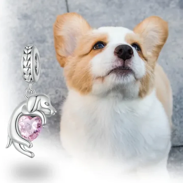 Charm Perrito sobre Corazón Rosa en Plata 925  5