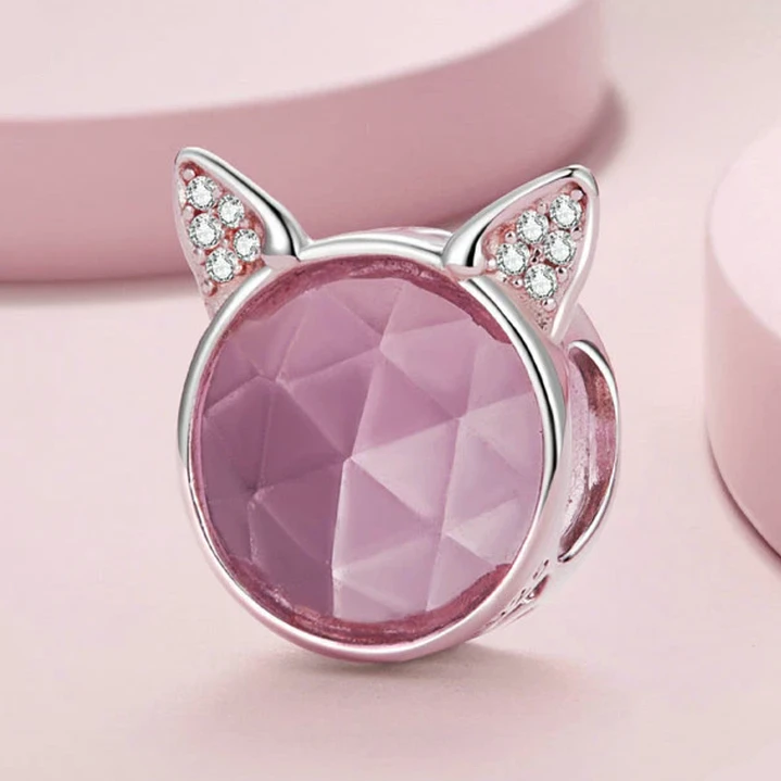 Charm Gato Orejitas con Circón Rosa en Plata 925  4