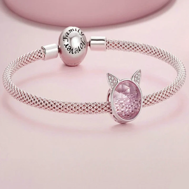 Charm Gato Orejitas con Circón Rosa en Plata 925  5