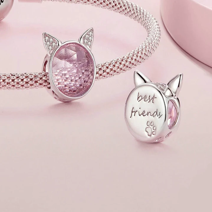 Charm Gato Orejitas con Circón Rosa en Plata 925  6