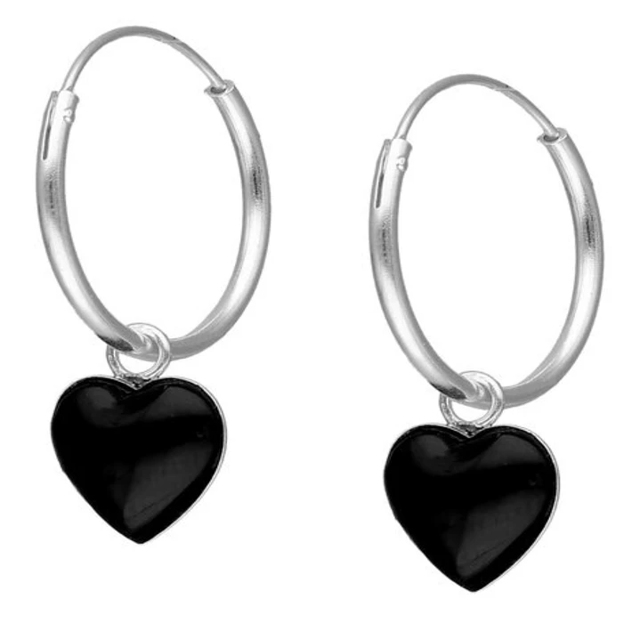 Aros Argolla Corazón Ónix Negro en Plata 925  1