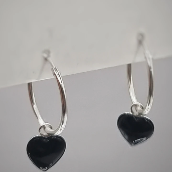 Aros Argolla Corazón Ónix Negro en Plata 925  2