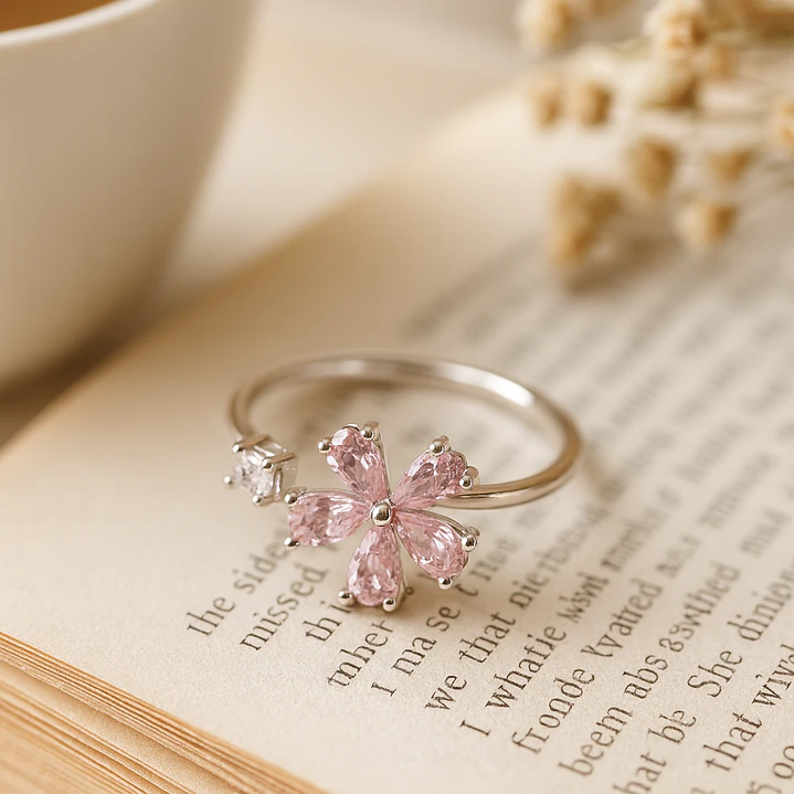 Anillo Ajustable Plata 925 Mariposa Flor Circones Rosa Francia  3