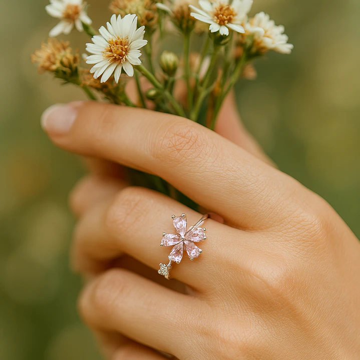 Anillo Ajustable Plata 925 Mariposa Flor Circones Rosa Francia  2