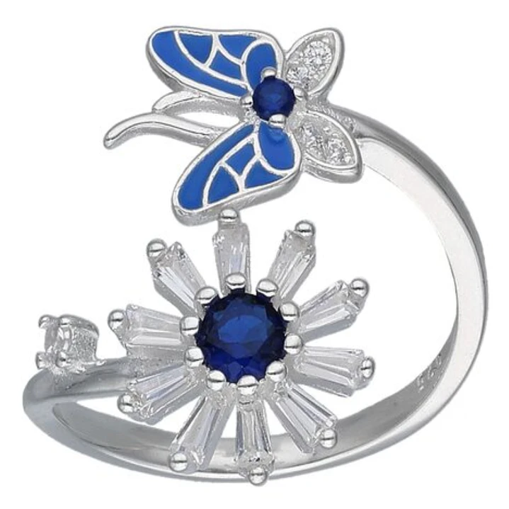 Anillo Ajustable Plata 925 Mariposa Flor Margarita Circones Zafiro 1