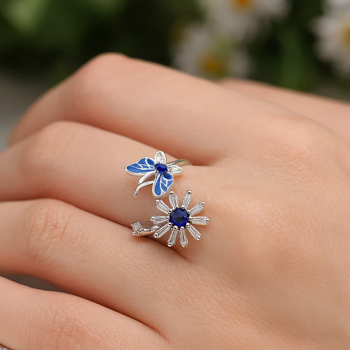 Anillo Ajustable Plata 925 Mariposa Flor Margarita Circones Zafiro 2