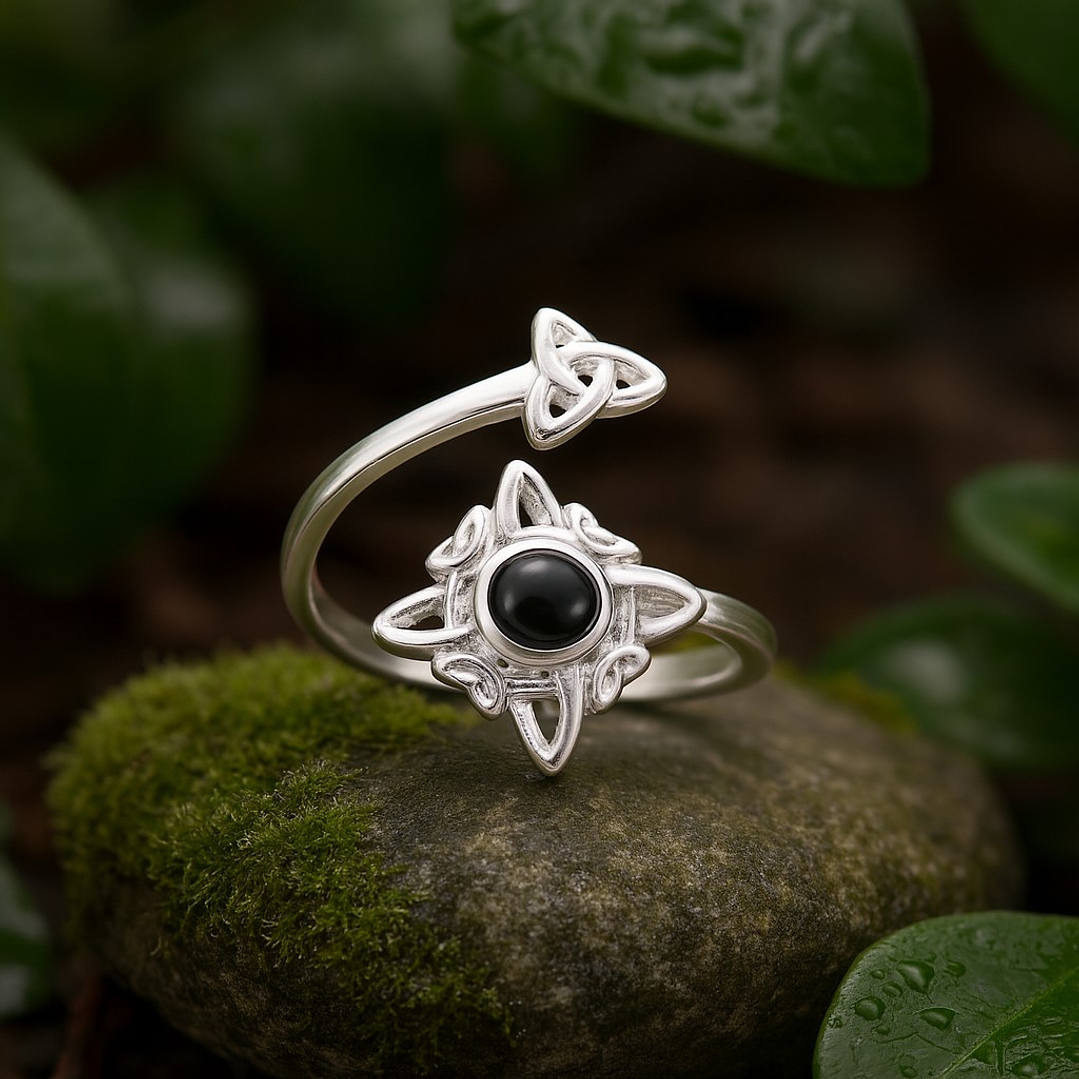 Anillo Ajustable Plata 925 Nudo de Brujas Triqueta Ónix  3
