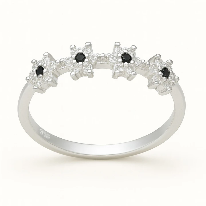 Anillo en Plata 925 Flores Circones Ónix  1
