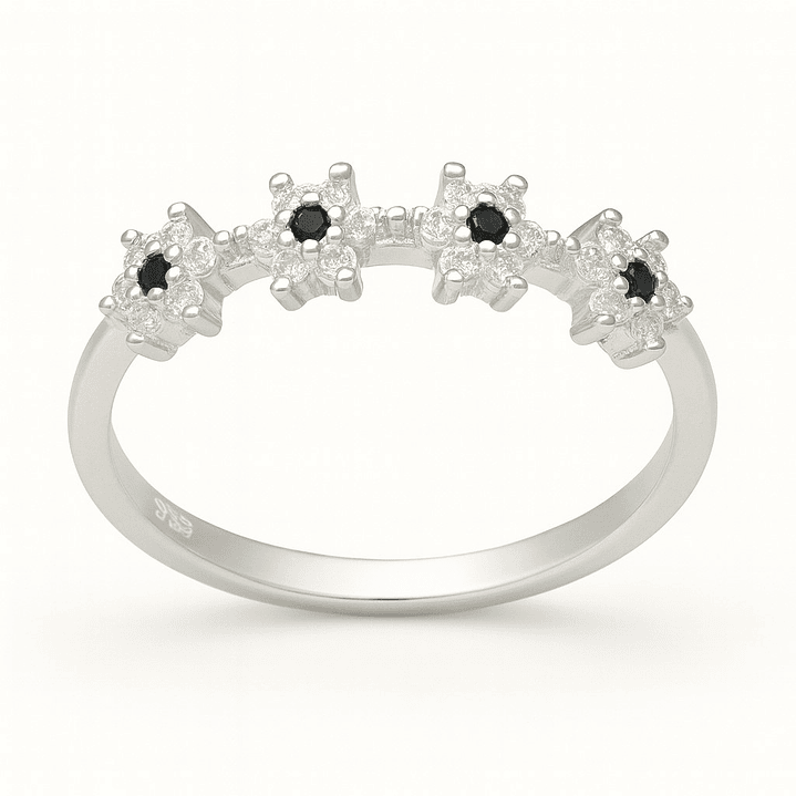 Anillo en Plata 925 Flores Circones Ónix  1