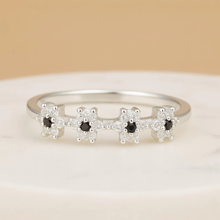Anillo en Plata 925 Flores Circones Ónix  3