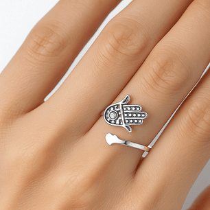 Anillo Ajustable en Plata 925 Mano de Fátima Corazón