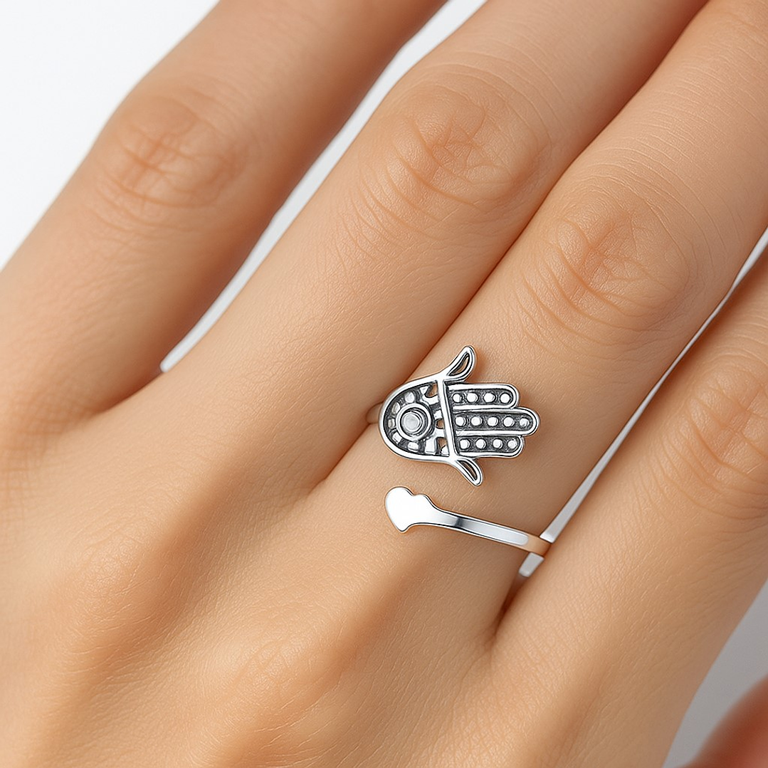 Anillo Ajustable en Plata 925 Mano de Fátima Corazón 2