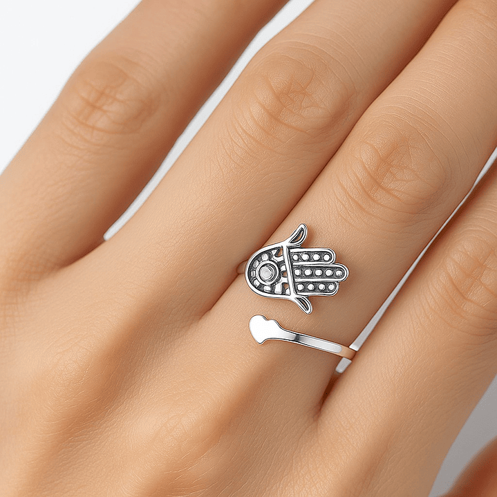 Anillo Ajustable en Plata 925 Mano de Fátima Corazón 2