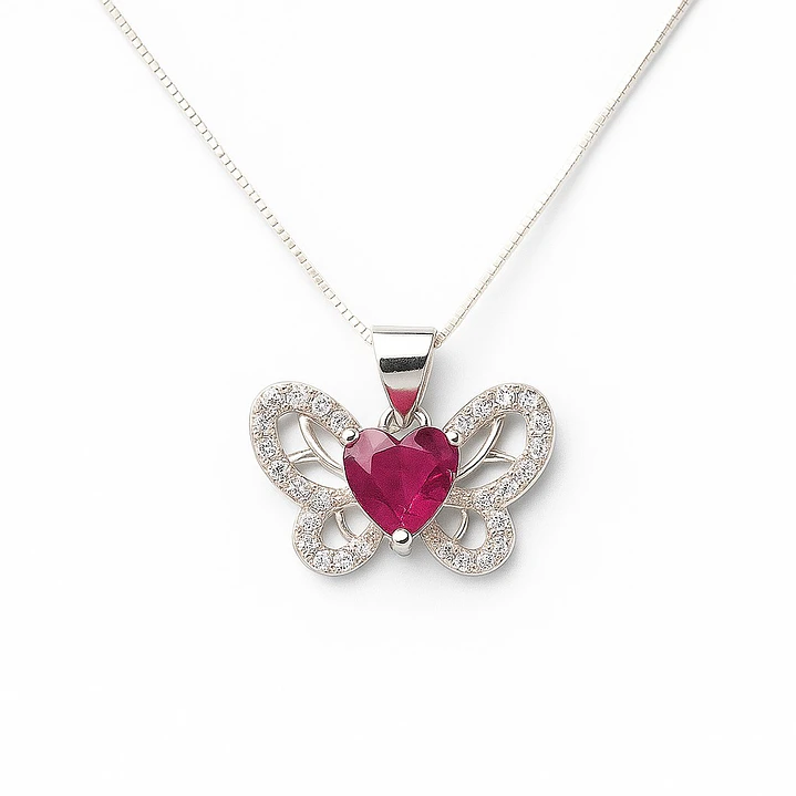 Collar Mariposa Corazón Circón Rubí en Plata 925  1
