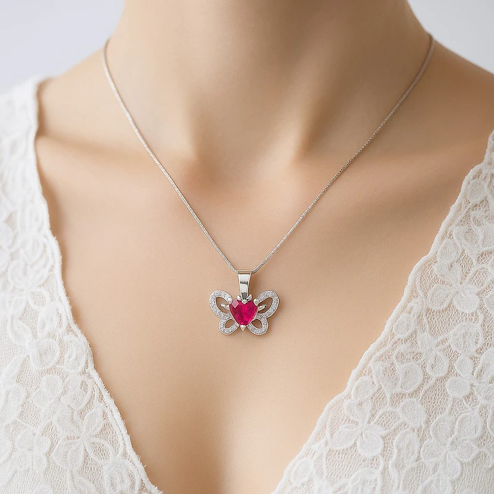 Collar Mariposa Corazón Circón Rubí en Plata 925  2