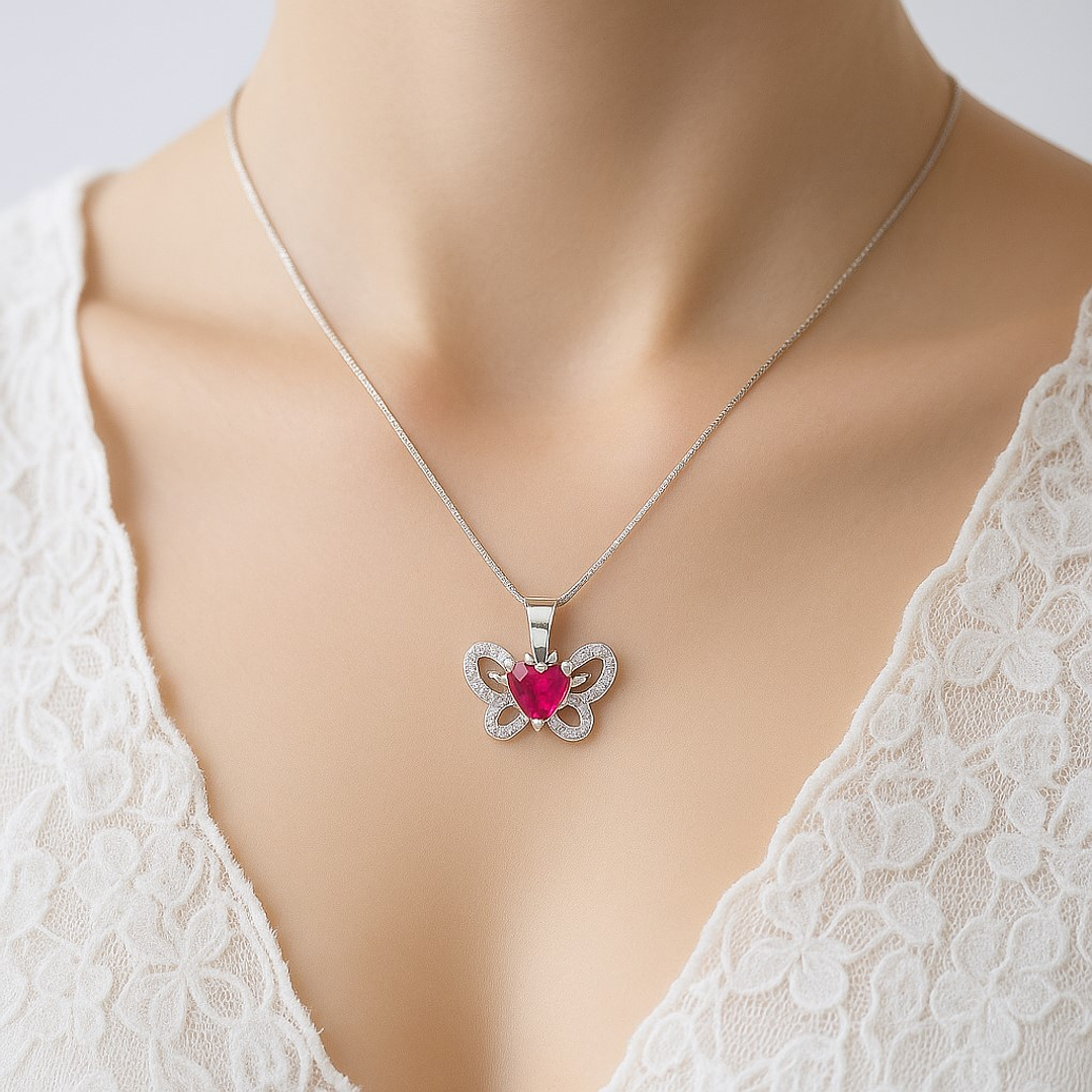 Collar Mariposa Corazón Circón Rubí en Plata 925  2