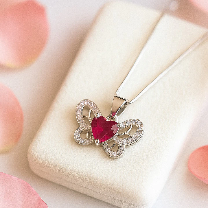 Collar Mariposa Corazón Circón Rubí en Plata 925  3