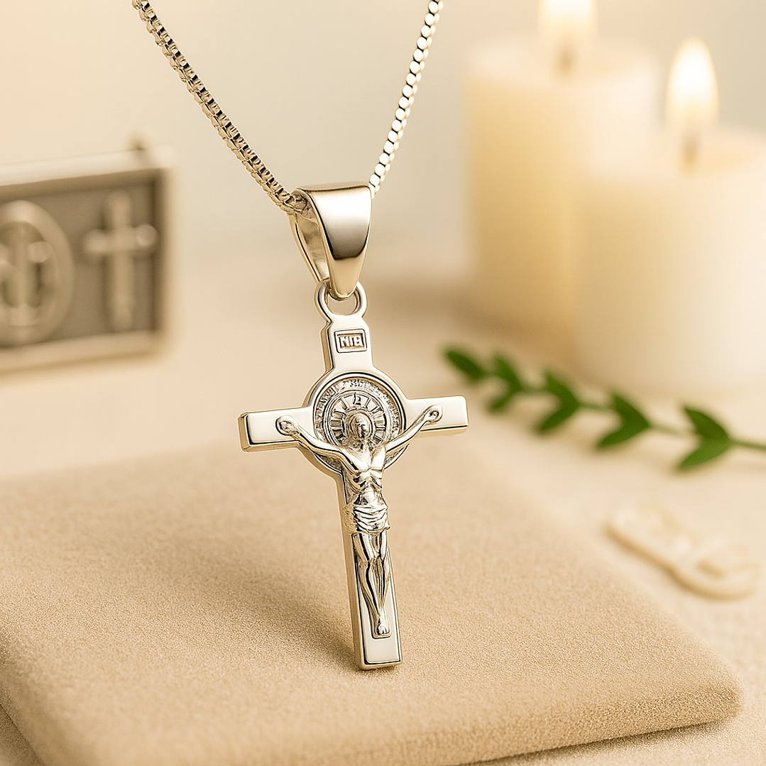 Collar Crucifijo San Benito Plata 925  3