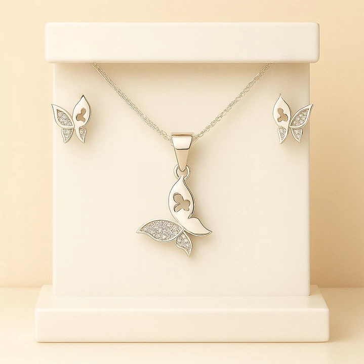 Conjunto Collar y Aros Mariposa Elegante en Plata 925  3