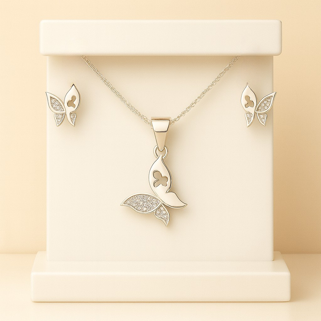 Conjunto Collar y Aros Mariposa Elegante en Plata 925  3