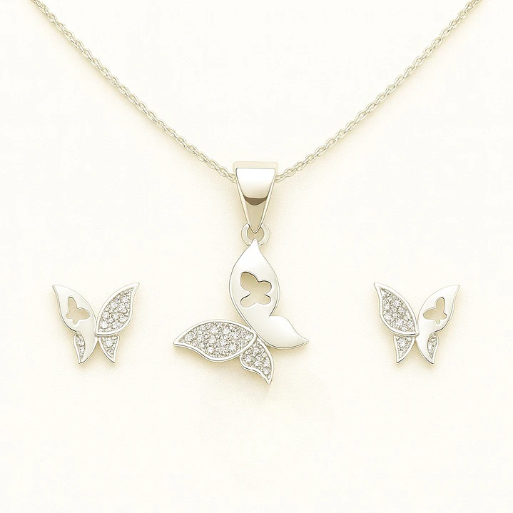 Conjunto Collar y Aros Mariposa Elegante en Plata 925  1