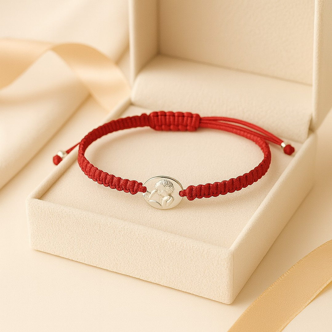 Pulsera Mini Baby Hilo Rojo Ajustable Ángel De La Guarda en Plata 925 3