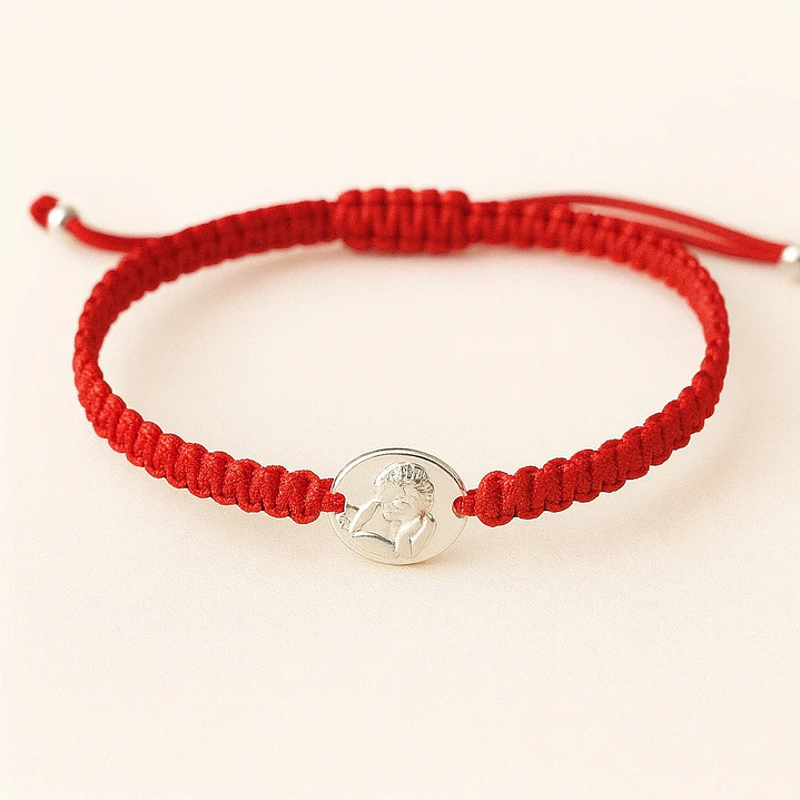 Pulsera Mini Baby Hilo Rojo Ajustable Ángel De La Guarda en Plata 925 1