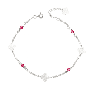 Tobillera Flores Martillada Cristales Rosado en Plata 925 