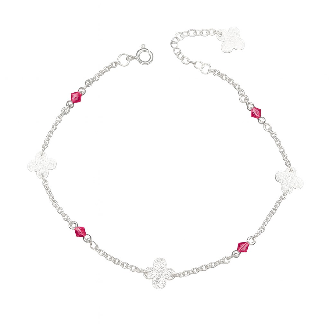Tobillera Flores Martillada Cristales Rosado en Plata 925  1