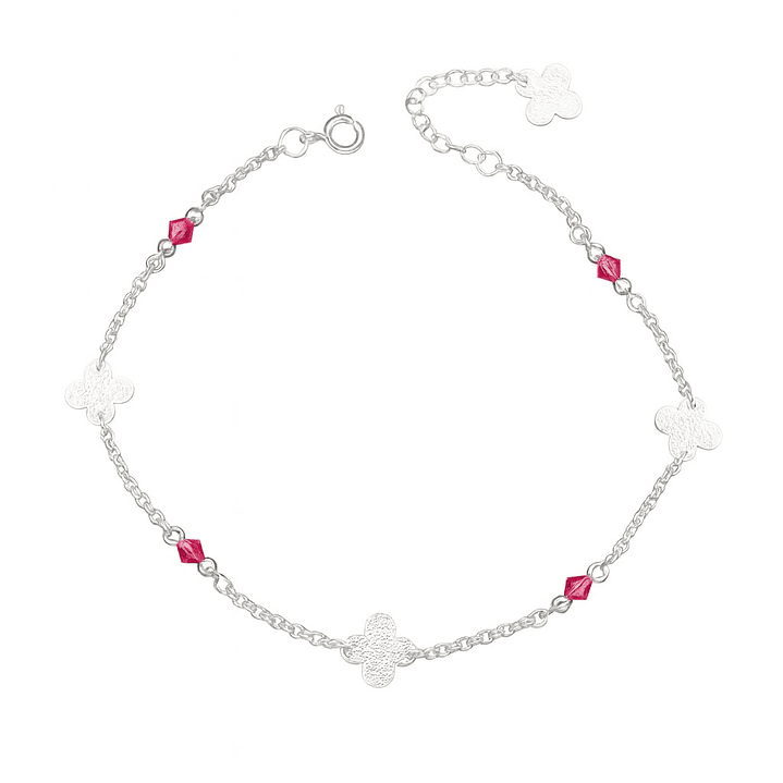 Tobillera Flores Martillada Cristales Rosado en Plata 925  1