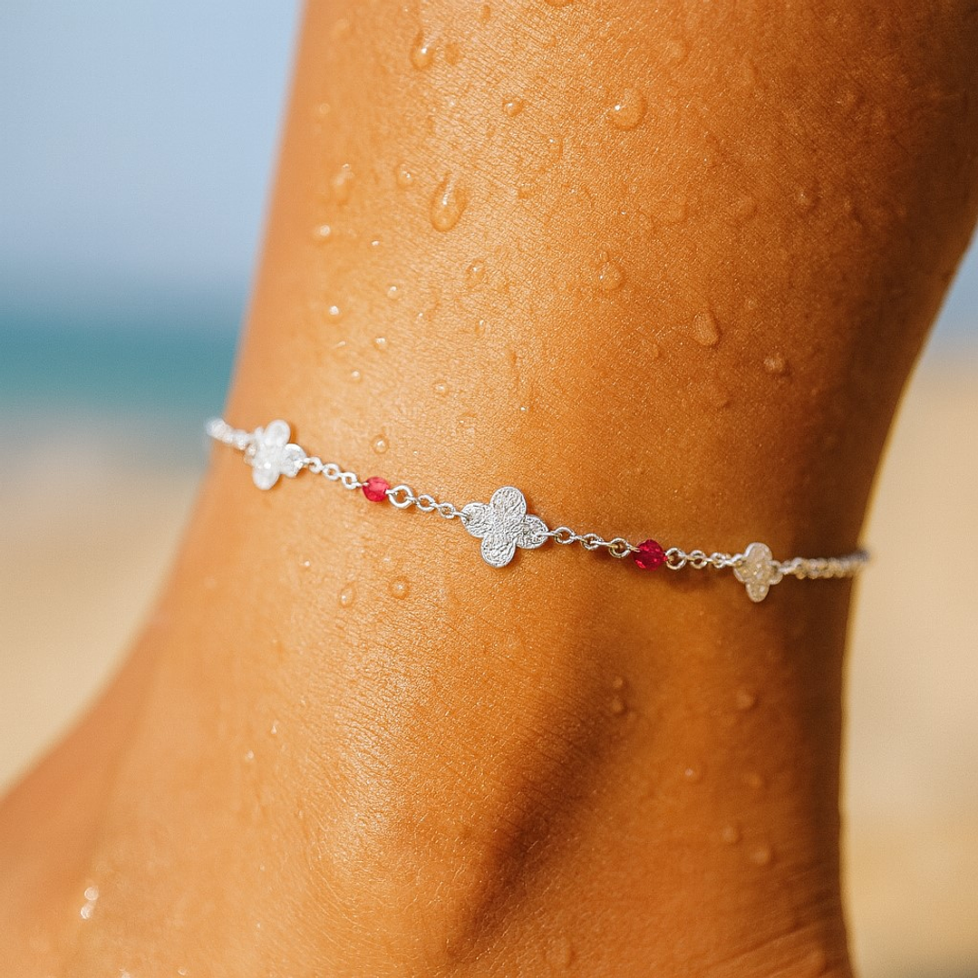 Tobillera Flores Martillada Cristales Rosado en Plata 925  2