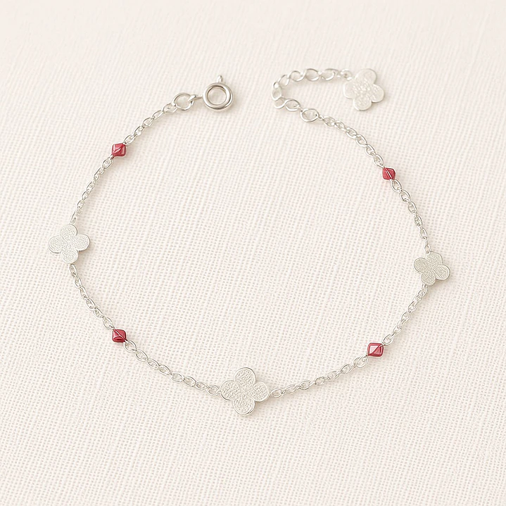 Tobillera Flores Martillada Cristales Rosado en Plata 925  4