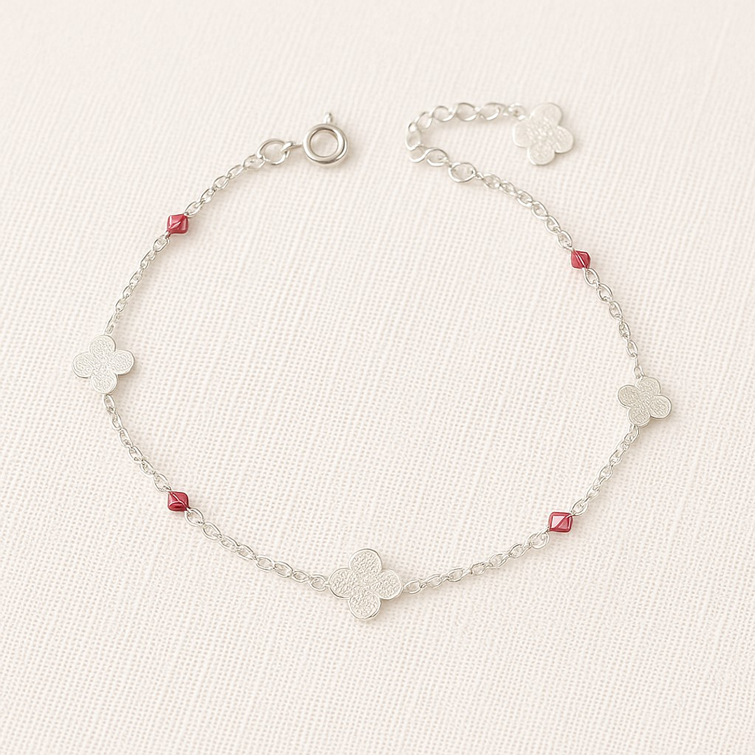 Tobillera Flores Martillada Cristales Rosado en Plata 925  4