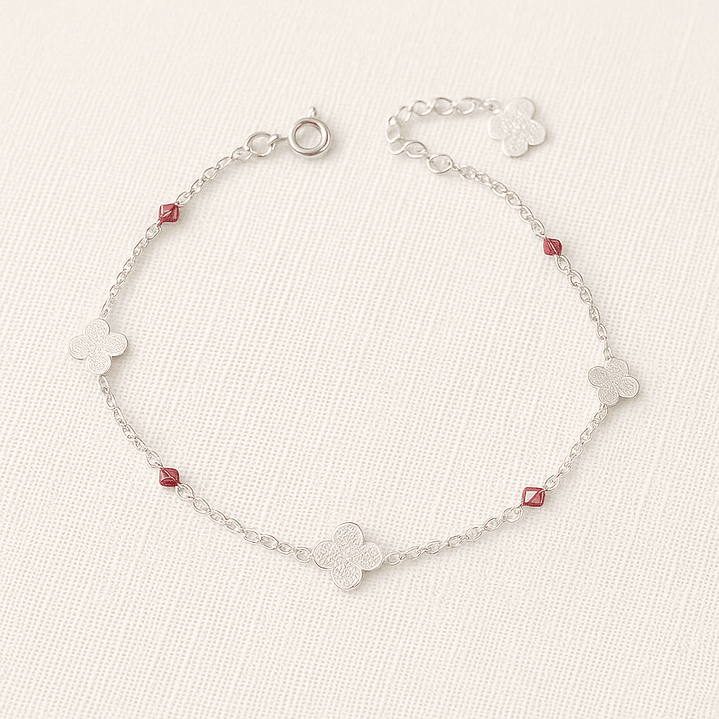 Tobillera Flores Martillada Cristales Rosado en Plata 925  4