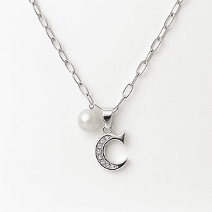 Collar Letra C Circón Con Perla De Rio En Plata Ley 925 