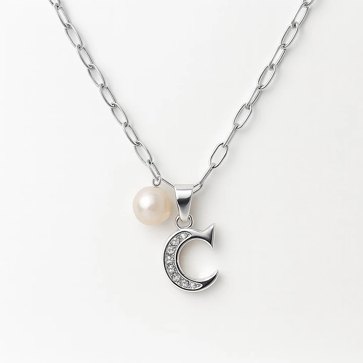 Collar Letra C Circón Con Perla De Rio En Plata Ley 925  1