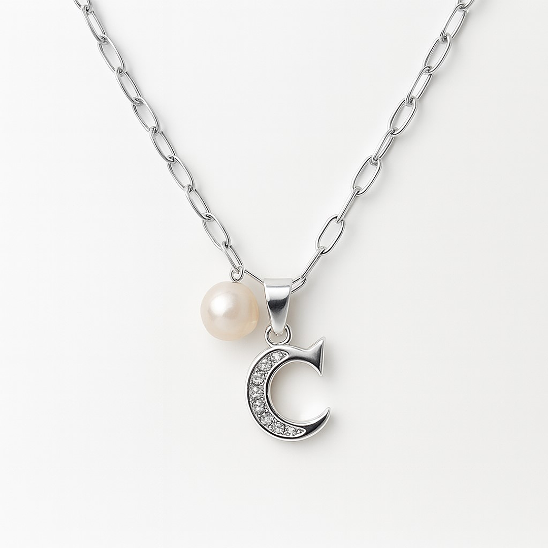 Collar Letra C Circón Con Perla De Rio En Plata Ley 925  1
