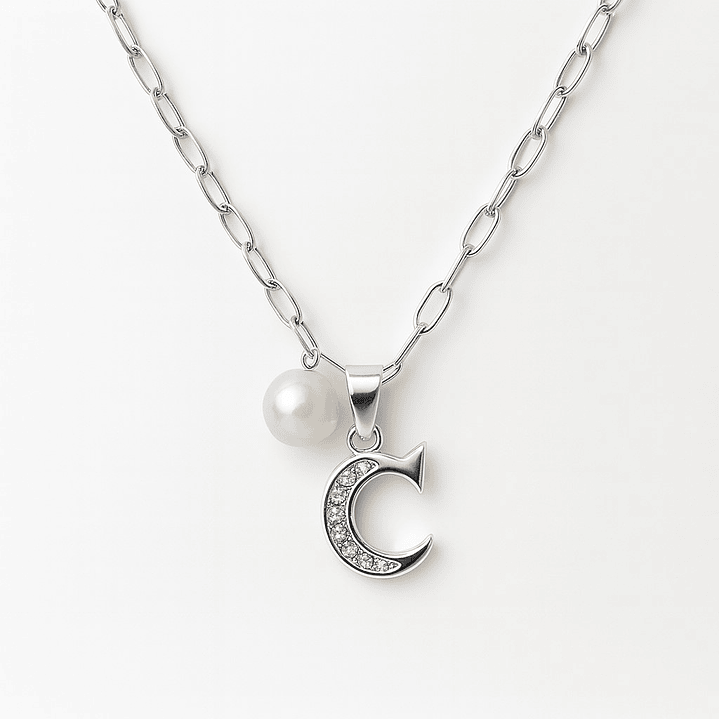 Collar Letra C Circón Con Perla De Rio En Plata Ley 925  1