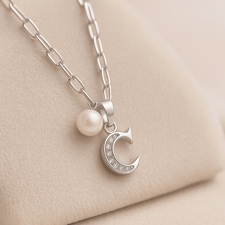 Collar Letra C Circón Con Perla De Rio En Plata Ley 925  3