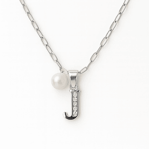 Collar Letra J Circón Perla De Rio Plata Ley 925 