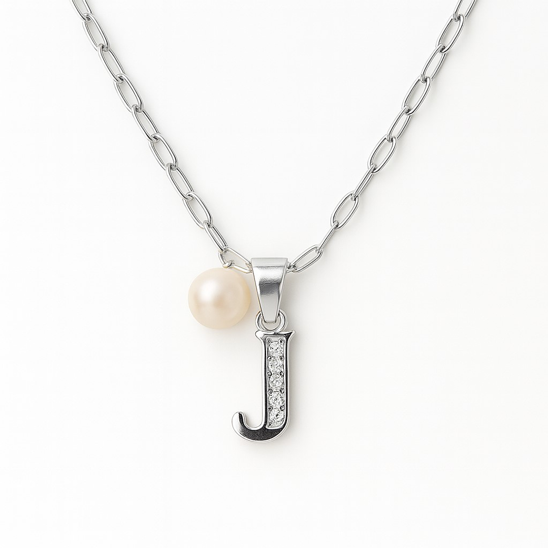 Collar Letra J Circón Perla De Rio Plata Ley 925  1