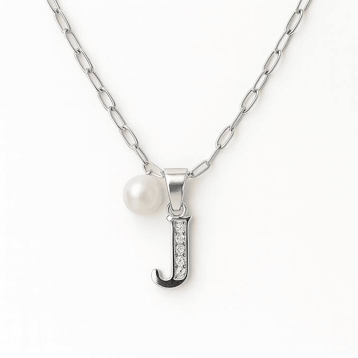 Collar Letra J Circón Perla De Rio Plata Ley 925  1