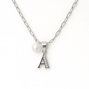 Collar Letra A Circón Perla De Rio Plata Ley 925