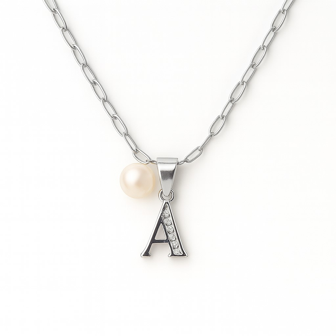 Collar Letra A Circón Perla De Rio Plata Ley 925 1