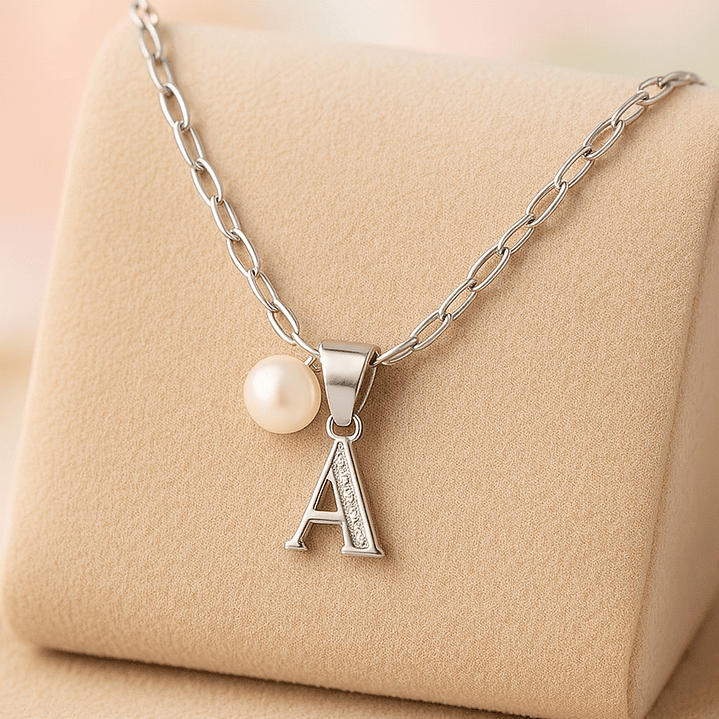 Collar Letra A Circón Perla De Rio Plata Ley 925 3