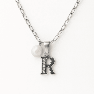 Collar Letra R Circón Perla De Rio Plata Ley 925 