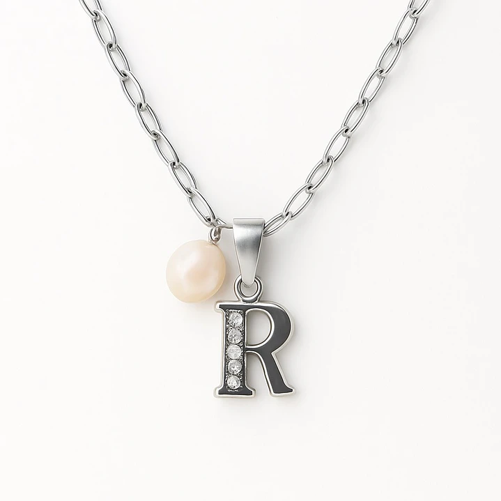 Collar Letra R Circón Perla De Rio Plata Ley 925  1